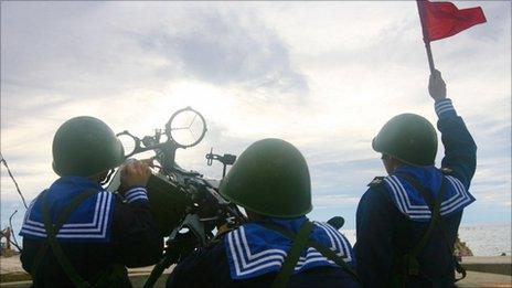 Vietnamese sailors training with a 12.7mm machine gun on Phan Vinh Island in the Spratly archipelago