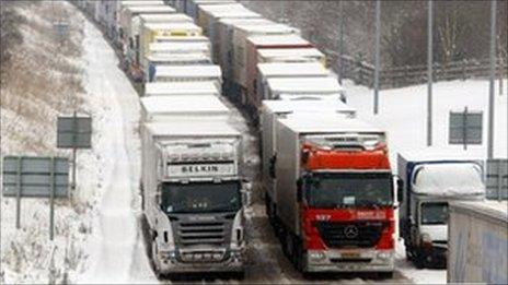 Lorries queue on the M20 in Kent during December's cold weather