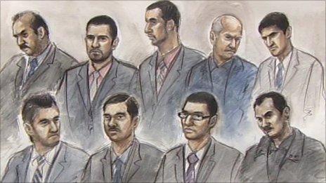 Court artist's drawing of the nine defendants