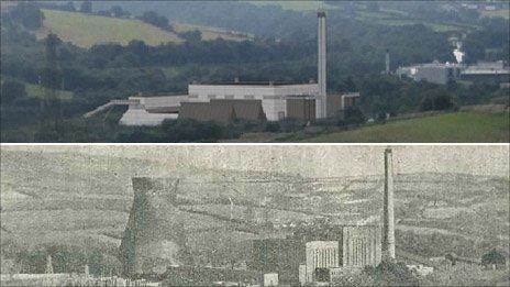 Graphic of how the new power plant would look with the old Llynfi Power Station pictured below before the cooling towers were demolished.