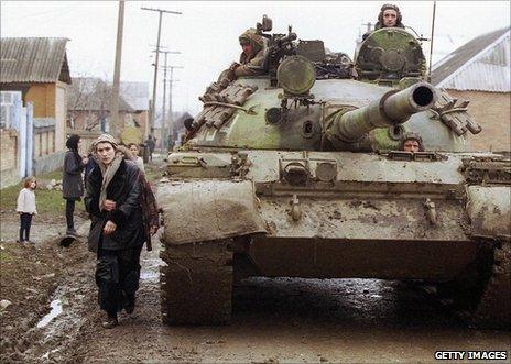 An unidentified Russian tank in Chechnya in 2000