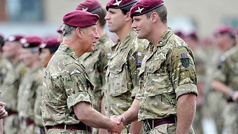 Prince Charles with members of the Parachute Regiment at Merville Barracks