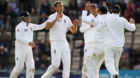 Chris Tremlett celebrates removing Mahela Jayawardene