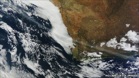 A ribbon of volcanic ash passing over South Africa, captured by the Terra satellite (12 June 2011)