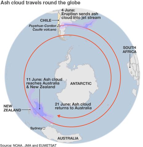 Map showing the path of the ash cloud around the world