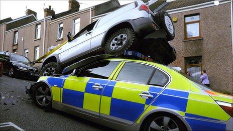 Pc Gregg parry's patrol car after it was mounted by a 4x4 vehicle in Swansea