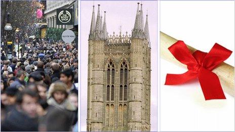 A busy street, Lincoln Cathedral and a scroll