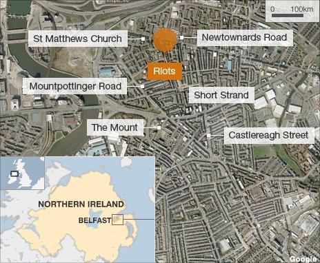 Map showing the location of the trouble in east Belfast