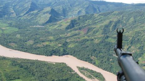 View from helicopter flying over the Ene-Apurimac valley