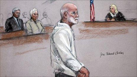 A courtroom drawing of James "Whitey" Bulger