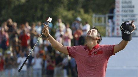 Pablo Larrazabal celebrates winning the International Open in Munich