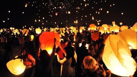 People launching sky lanterns