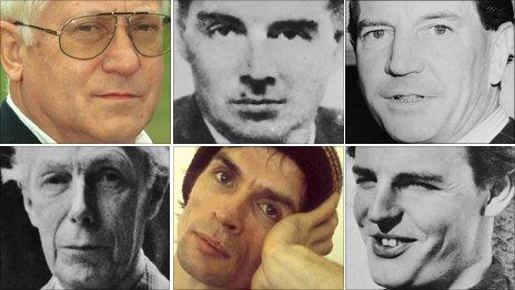 Oleg Gordievsky, Guy Burgess, Kim Philby, Donald Maclean, Rudolf Nureyev, Anthony Blunt