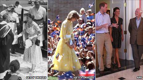 Queen Elizabeth in a cotton dress in Tonga, 1953; Princess Diana wears Jan van Velden in Australia, 1983; Catherine wears Issa in Canada