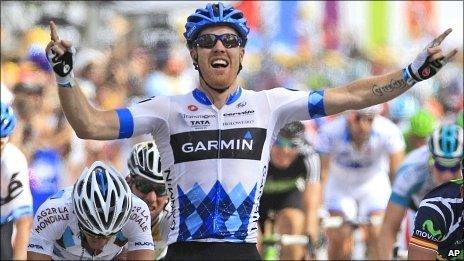 Tyler Farrer celebrates stage victory