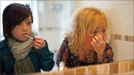 Jazz and her mum Bev putting on make-up