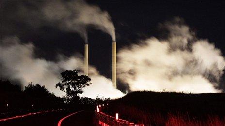 Emissions rise from a coal-fired power station near Lithgow, west of Sydney, Australia