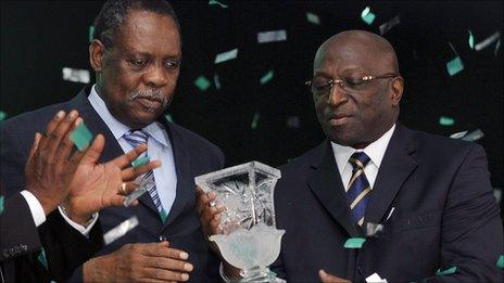 Caf president Issa Hayatou (left) and Jacques Anouma