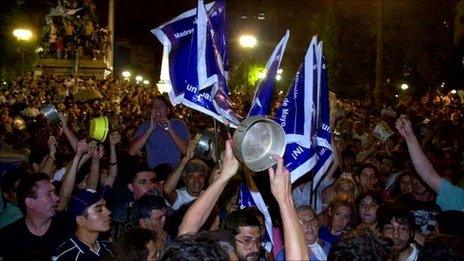 Demonstrators shout slogans during protests against the government on 20 December 2001 in Buenos Aires during a period of political and economic upheaval