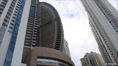 The Trump Ocean Club (the brown building in the middle) is one of more than half a dozen skyscrapers occupying a small residential cul-de-sac on Panama's Punta Pacifica