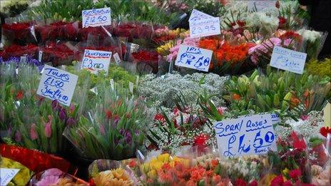 A flower stall at Kirkgate Market