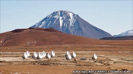 14 ALMA antennas on the Chajnantor plateau. In the background, the 5300m Cerro Chico is towered over by the 5,920m Licancabur volcano. May 2011.