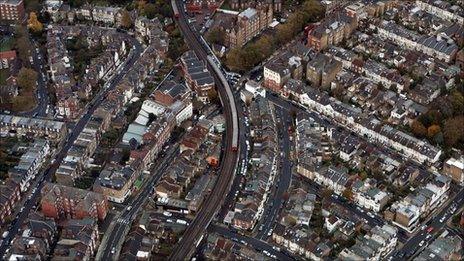 Aerial shot of west London's rail and road network