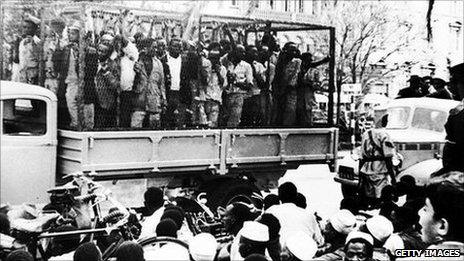 Mau Mau people in a truck in Nairobi, Kenya (1952).