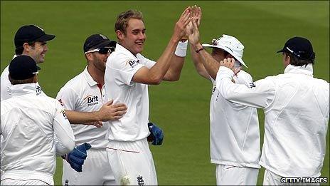 Stuart Broad celebrates after bowling Gautam Gambhir