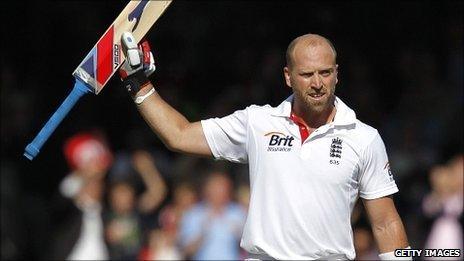 Matt Prior celebrates his sixth Test century for England