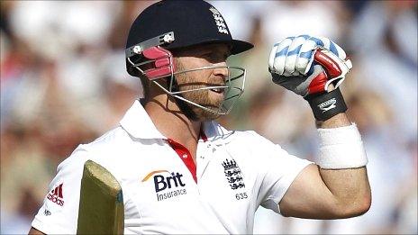 Matt Prior celebrates scoring his hundred