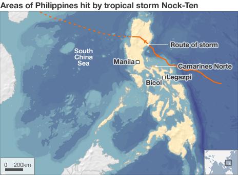 Map showing the path of the tropical storm