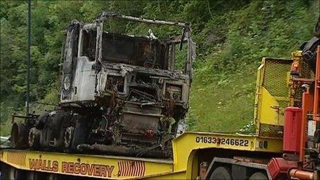 The lorry that caught fire in the Brynglas tunnel on the M4 on Tuesday