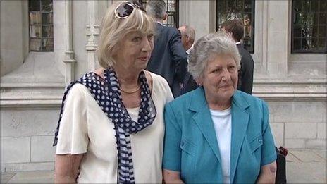 Veterans' widows Shirley Denton and Wendy Brothers outside court