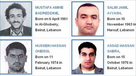 The four men accused of killing Rafik Hariri: Mustafa Amine Badreddine, Salim Jamil Ayyash, Hussein Hassan Oneissi and Assad Hassan Sabra