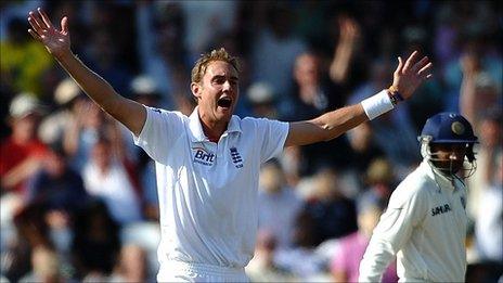 Stuart Broad celebrates ths first wicket of his hat-trick