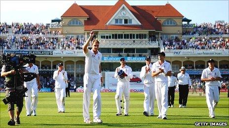 Stuart Broad celebrates his hat-trick