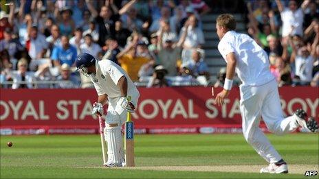 Stuart Broad completes his hat-trick by bowling Praveen Kumar