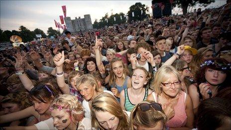 Revellers at Camp Bestival in front of Lulworth Castle