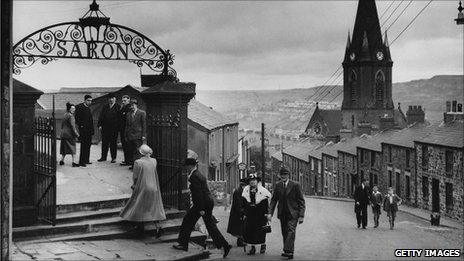 Members of the congregation arrive for the Sunday service at the Saron Chapel, Ebbw Vale, Wales