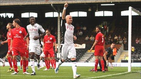 Andrew Johnson (central) celebrates scoring for Fulham