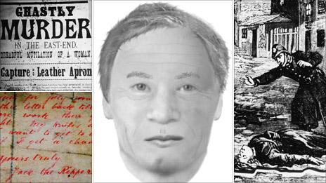 Clockwise from top left: Newspaper report on Ripper murder, new e-fit of suspect Carl Feigenbaum, drawing of police discovering a victim and a letter to the police signed Jack the Ripper