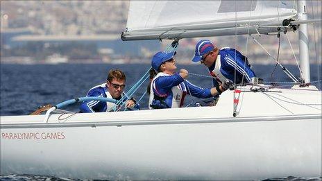 GB sailors John Robertson, Hannah Stodel and Stephen Thomas