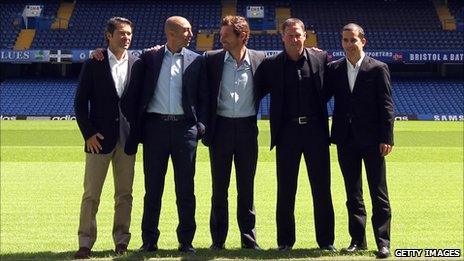 Steve Holland (second right) with the rest of the Chelsea coaching staff, fitness coach Jose Mario Rocha, first team assistant coach Roberto Di Matteo, Andre Villas-Boas and scout Daniel Sousa