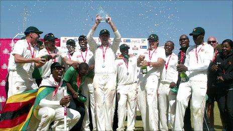 Zimbabwe celebrate winning their only Test against Bangladesh