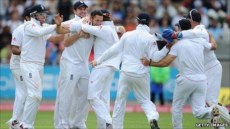 England celebrate winning the third Test