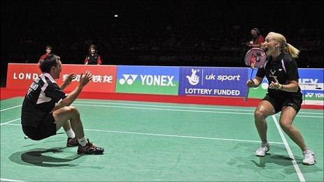 Chris Adcock and Imogen Bankier celebrate their semi-final win