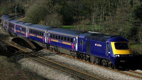 A First Great Western HST (High-Speed Train) travelling on the Swansea to London line near Hensol.