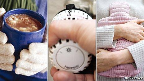 Girl holding hot chocolate, temperature control and girl hugging hot water bottle