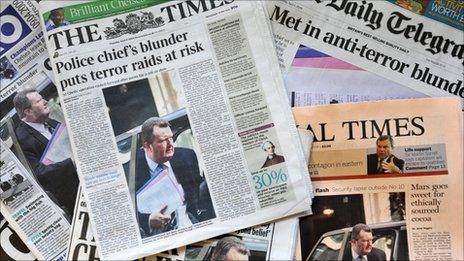 Newspaper headlines on Bob Quick blunder